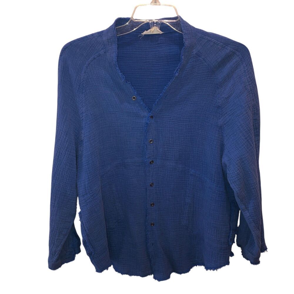 Peach Love Womens Small Blue Long Sleeve Button Up Gauze Frayed Shirt Top Size S